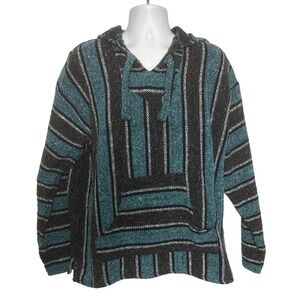 BAJA Hoodie Men XL Blue Black Striped Hooded Pullover Southwestern Surf Rasta